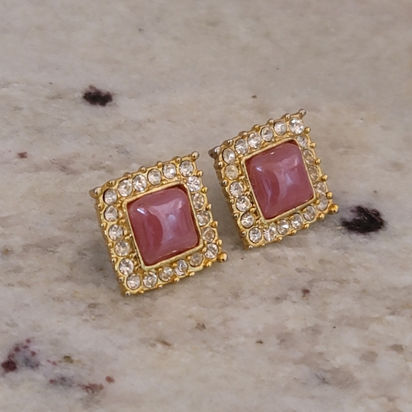 Vtg Pink Gemstone Crystal Square Earrings - Picture 2 of 8